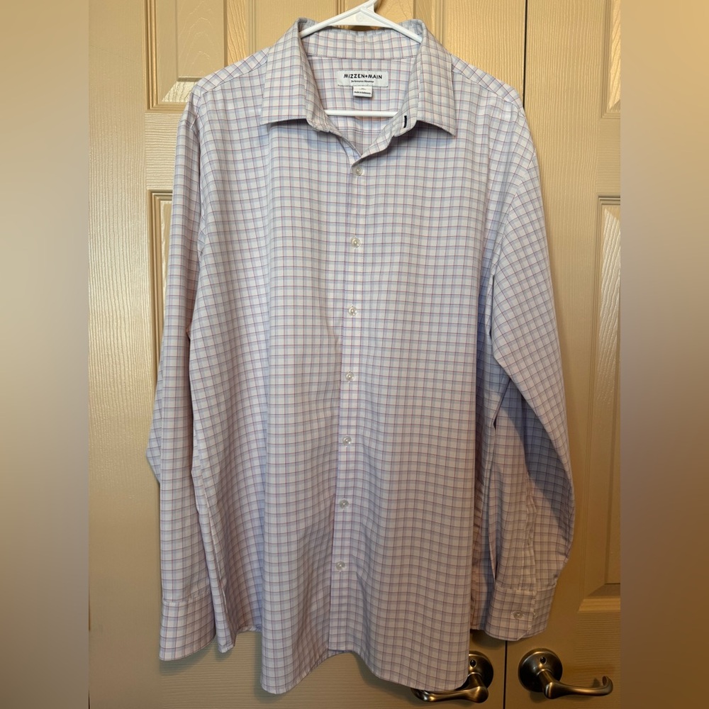Mizzen + Main Performance Shirt Button Mens XL Classic Fit White Blue Red Check‎